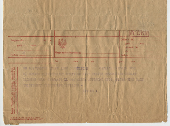 Télégramme adressé par Paderewski à Hélène Paderewska, à l'Hôtel Bristol de Varsovie, de Morges le 7 juillet 1925