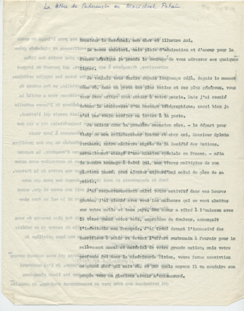 Copie carbone de la lettre (dactylographiée) adressée par Paderewski au maréchal Pétain, en juillet (?) 1940, par l'intermédiaire de Sylwin Strakacz