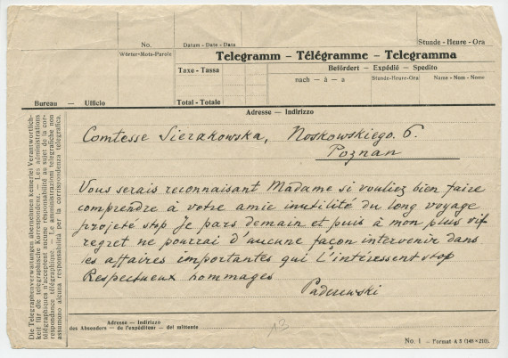 Télégramme non daté (brouillon) adressé par Paderewski à la comtesse Sierakowska, Noskowskiego 6 à Poznan, de Suisse