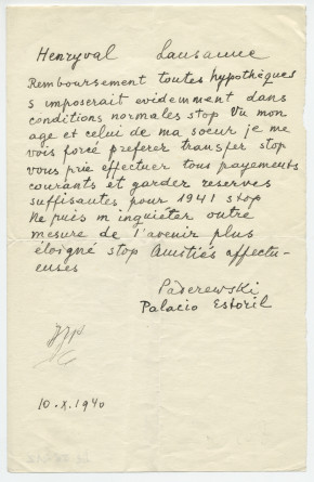 Télégramme adressé par Paderewski à Henry Vallotton, à Lausanne, du Palacio Estoril (Portugal) le 10 octobre 1940
