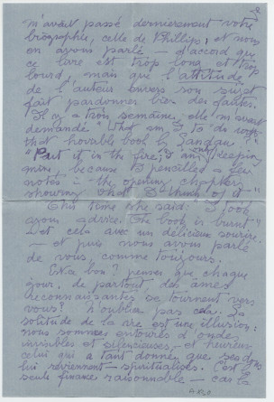 Lettre (avec enveloppe) adressée par Laurence [Alma-Tadema], 14 Hans Crescent à Londres, à Paderewski, à Riond-Bosson, le 6 septembre 1934