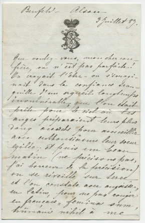 Lettre adressée par Hélène Bibesco à Paderewski, de Benfeld (Alsace) le 3 juillet 1889