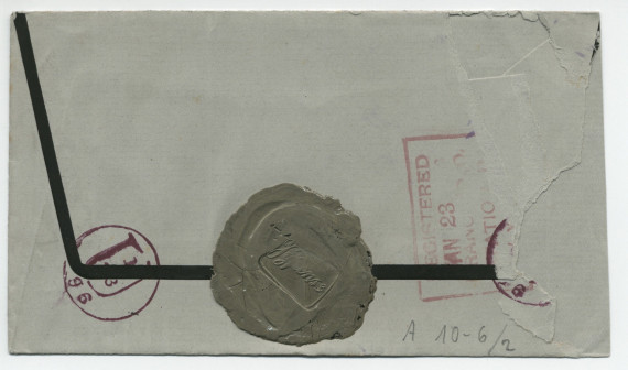 Billet (enveloppe seule avec cachet) adressé par la princesse Rachel Bibesco Bassaraba, princesse de Brancovan, à Paderewski, «Steinway, New York», de Paris (timbre de la rue de Courcelles) le 12 janvier 1896