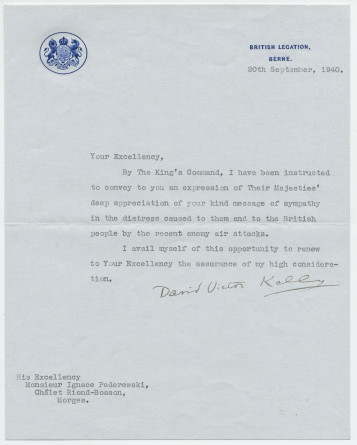 Lettre (avec enveloppe) adressée par David Victor Kelly, de la British Legation [représentation diplomatique britannique] à Berne, à «Son Excellence Monsieur Ignace Paderewski, Chalet Riond-Bosson, Morges», le 20 septembre 1940