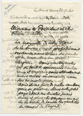 Lettre adressée par Antoinette Giron à Paderewski, de Lausanne le 21 septembre 1940