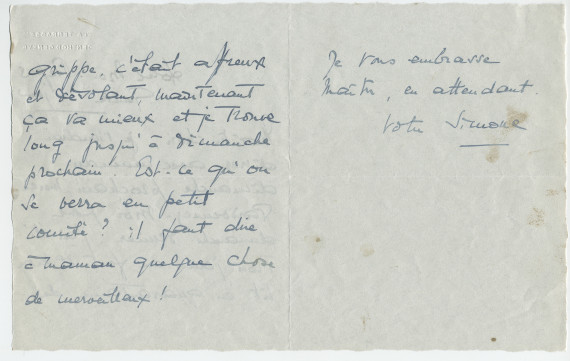 Lettre adressée par Simone Giron-de Pourtalès à Paderewski, de l'Hôtel Mon-Repos à Genève le 25 janvier [1939] (?)