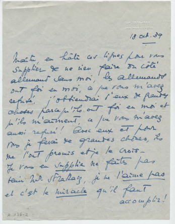 Lettre adressée par Simone Giron-de Pourtalès à Paderewski, de «La Terrasse» à Genthod (Genève) le 18 octobre 1939