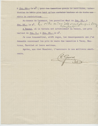 Lettre (annotée) adressée par Ernest Gonvers, notaire à Morges, à Paderewski, «Châlet de Riond-Bosson, Tolochenaz», le 10 juillet 1914