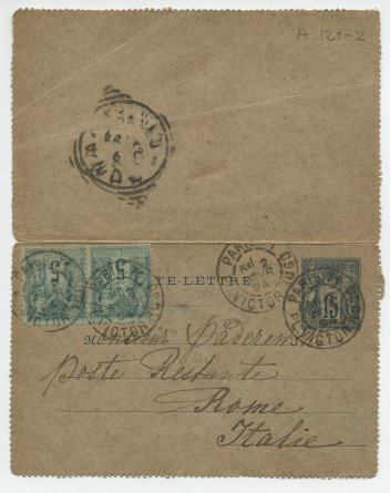 Carte adressée (en polonais) par Hélène Gorska à Paderewski, poste restante à Rome, de Paris (place Victor-Hugo) le 2 février 1894
