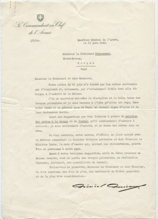 Lettre (avec enveloppe) adressée par le général Henri Guisan, commandant en chef de l'armée suisse, à «Monsieur le Président Paderewski» à Riond-Bosson, du quartier général de l'armée le 23 juin 1940