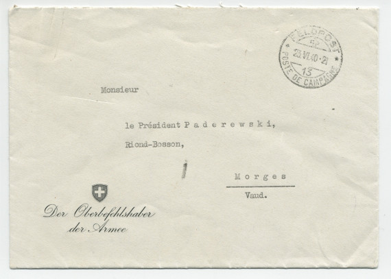Lettre (avec enveloppe) adressée par le général Henri Guisan, commandant en chef de l'armée suisse, à «Monsieur le Président Paderewski» à Riond-Bosson, du quartier général de l'armée le 23 juin 1940