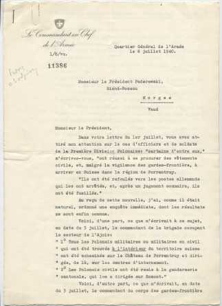 Lettre (avec enveloppe) adressée par le général Henri Guisan, commandant en chef de l'armée suisse, à «Monsieur le Président Paderewski» à Riond-Bosson, du quartier général de l'armée le 6 juillet 1940