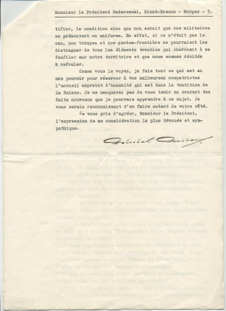 Lettre (avec enveloppe) adressée par le général Henri Guisan, commandant en chef de l'armée suisse, à «Monsieur le Président Paderewski» à Riond-Bosson, du quartier général de l'armée le 6 juillet 1940