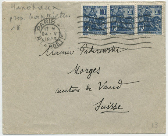 Lettre (avec enveloppe) adressée par Gabriel Hanotaux à Paderewski, à Morges, du 9 avenue Hoche à Paris le 24 mai 1929