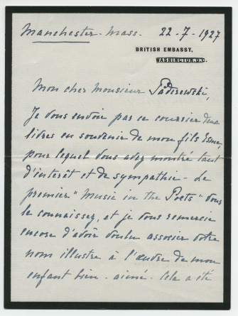 Lettre adressée par Isabella Howard à Paderewski, de Manchester (Massachusetts) le 22 juillet 1927