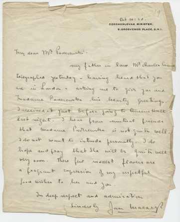 Lettre adressée par Jan Masaryk, ministre de Tchécoslovaquie en Grande-Bretagne, 9 Grosvenor Place à Londres, à Paderewski, le 10 octobre 1928