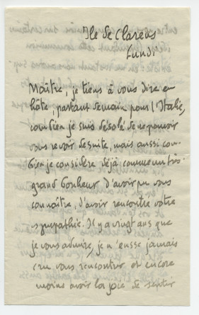 Lettre adressée par Camille Mauclair à Paderewski, de l'Ile de Clarens (sur le Léman au large de Montreux) un lundi de 1910 (?) (1-6)