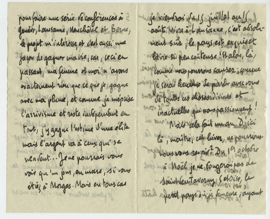 Lettre adressée par Camille Mauclair à Paderewski, de l'Ile de Clarens (sur le Léman au large de Montreux) un lundi de 1910 (?) (1-6)