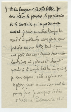 Lettre adressée par Camille Mauclair à Paderewski, de l'Ile de Clarens (sur le Léman au large de Montreux) un lundi de 1910 (?) (7-8)