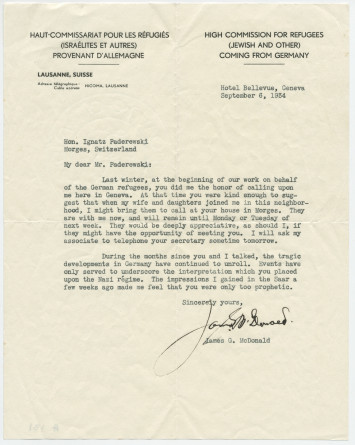 Lettre adressée (en anglais) par James G. McDonald, du Haut-Commissariat pour les réfugiés (israélites et autres) provenant d'Allemagne, à «Hon. Ignatz Paderewski», à Morges, de l'Hôtel Bellevue à Genève le 6 septembre 1934