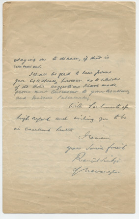 Lettre adressée (en anglais) par «H. H. The Maharaja Jam Saheb of Nawanagar» à Paderewski, de l'Hôtel de la Paix à Genève, siège de la délégation indienne [auprès de la Société des Nations], le 11 septembre 1923