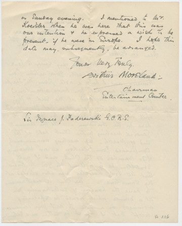 Lettre (avec enveloppe) adressée par Arthur Moreland, Chairman Entertainment Comitee du Press Club, St. Bride's House, Salisbury Square à Londres, à «Dear Sir Ignace», le 14 juillet 1926