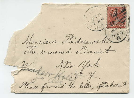 Lettre (avec enveloppe) adressée (en [mauvais] anglais) par Elizabeth Reiche à «Monsieur Paderewski, The renowed Pianist, New York», de La Nouvelle-Orléans le 30 décembre 1895