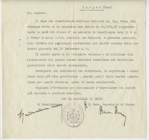 Lettre adressée (en italien) par le Conseil d'Etat du Tessin à «Maestro Ignazio Paderewski, già Presidente del Governo della Polonia», de Bellinzone le 21 janvier 1925