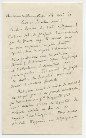 Lettre (avec enveloppe) adressée par Charles-Marie Widor, sous en-tête de l'Académie des beaux-arts [à Paris], à Paderewski, à Morges, le 14 mai 1929