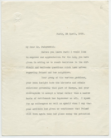 Lettre (avec enveloppe) adressée par le président américain Woodrow Wilson à «Hon. Jan Paderewski, President of Poland, Paris», de Paris le 26 avril 1919