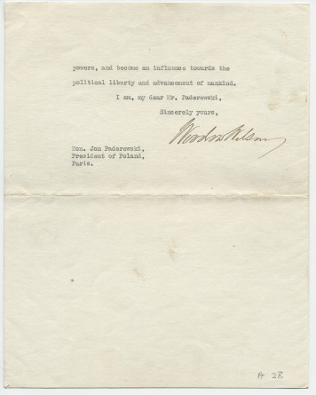 Lettre (avec enveloppe) adressée par le président américain Woodrow Wilson à «Hon. Jan Paderewski, President of Poland, Paris», de Paris le 26 avril 1919