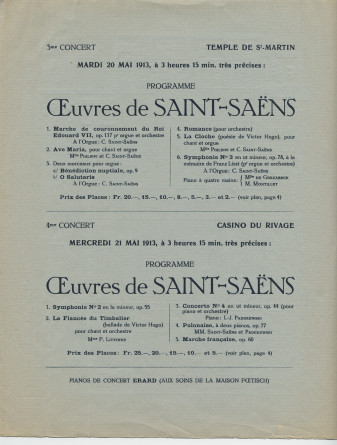 Programme des Fêtes musicales en l'honneur de Camille Saint-Saëns organisées du 18 au 21 mai 1913 au Casino du Rivage et au Temple Saint-Martin à Vevey avec le concours de Camille Saint-Saëns, Ignace Paderewski et Gustave Doret