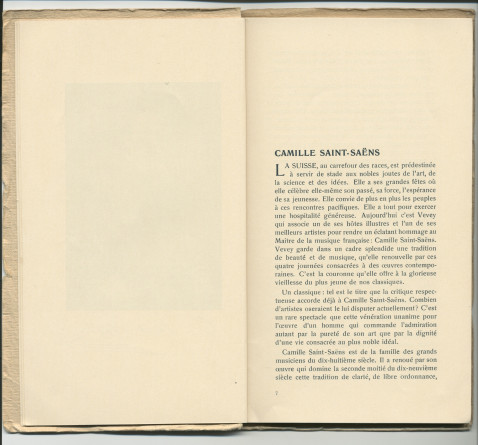 Libretto des Fêtes musicales en l'honneur de Camille Saint-Saëns organisées du 18 au 21 mai 1913 au Casino du Rivage et au Temple Saint-Martin à Vevey avec le concours de Camille Saint-Saëns, Ignace Paderewski et Gustave Doret (a-f)