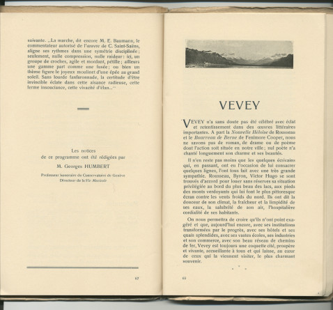 Libretto des Fêtes musicales en l'honneur de Camille Saint-Saëns organisées du 18 au 21 mai 1913 au Casino du Rivage et au Temple Saint-Martin à Vevey avec le concours de Camille Saint-Saëns, Ignace Paderewski et Gustave Doret (g-k)