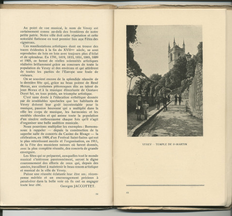 Libretto des Fêtes musicales en l'honneur de Camille Saint-Saëns organisées du 18 au 21 mai 1913 au Casino du Rivage et au Temple Saint-Martin à Vevey avec le concours de Camille Saint-Saëns, Ignace Paderewski et Gustave Doret (g-k)