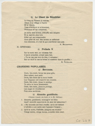 Programme du récital donné le 1er mars 1927 à la Salle de la Concorde à Morges par la cantatrice Lydia Barblan-Opienska et la pianiste Yvonne Barblan, interprètes entre autres de deux mélodies de Paderewski (avec traduction française des paroles)