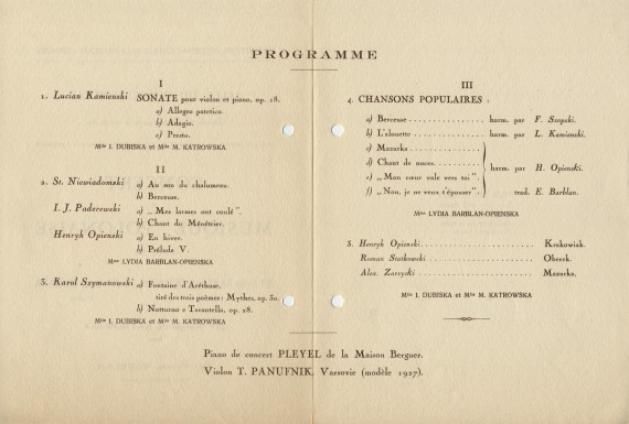 Programme du «concert de musique polonaise» donné le 16 mai 1927 à la Salle du Conservatoire de Genève par la cantatrice Lydia Barblan-Opienska et la pianiste Yvonne Barblan (entre autres musiciens), interprètes notamment d'une mélodie de Paderewski