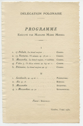 Programme récital donné le 3 mai 1930 à la Délégation polonaise à Genève par la pianiste Marie Mirska, interprète entre autres de la Sarabande op. 14 n° 2 de Paderewski