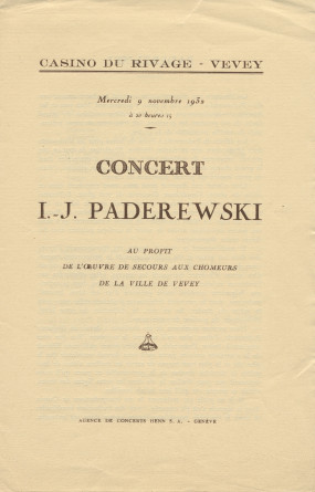 Libretto, billets et avertissement pour le récital donné par Paderewski le 9 novembre 1932 au Casino du Rivage de Vevey au profit de l'Œuvre de secours aux chômeurs de la ville de Vevey (a-e)