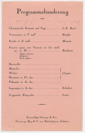 Programme du récital donné par Paderewski le 28 février 1937 au Grosser Konzertsaal de Soleure, sous le patronage du président de la Confédération Giuseppe Motta, au profit du Musée Kosciuszko de Soleure – Avec affichette et 2 billets d'entrée