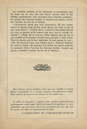 Libretto du premier concert d'abonnement de la saison lausannoise 1937-1938 de l'Orchestre Romand, donné le 11 octobre 1937 au Théâtre municipal sous la direction d'Ernest Ansermet, avec Ernest Schelling en soliste dans la «Fantaisie polonaise» de Pad.