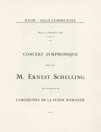 Libretto du concert donné le 24 septembre 1938 à la Salle communale de Nyon, au profit de l'Hôpital de Nyon, par le pianiste Ernest Schelling et l'Orchestre de la Suisse Romande, avec au programme notamment la «Fantaisie polonaise» de Pad.