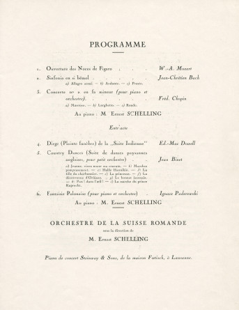 Libretto du concert donné le 24 septembre 1938 à la Salle communale de Nyon, au profit de l'Hôpital de Nyon, par le pianiste Ernest Schelling et l'Orchestre de la Suisse Romande, avec au programme notamment la «Fantaisie polonaise» de Pad.