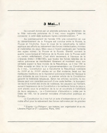 Libretto du concert extraordinaire offert par le pianiste Alexandre Sienkiewicz le 4 mai 1940 au Conservatoire de Genève, au profit des étudiants polonais victimes de la guerre, sous la haut patronage du «Président I. J. Paderewski» et de M. V. Martin, rec