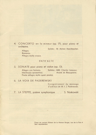 Libretto de l'hommage organisé par Radio-Lausanne le 7 novembre 1940 au Théâtre municipal pour célébrer le 80e anniversaire de Paderewski (f-i)