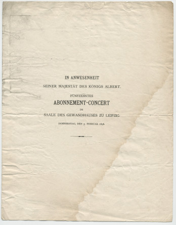 Programme du 15e concert d'abonnement du Gewandhaus de Leipzig donné le 3 février 1898 en présence de Sa Majesté le Roi Albert de Saxe, avec à l'affiche notamment le Concerto n° 2 de Chopin (avec Paderewski en soliste)