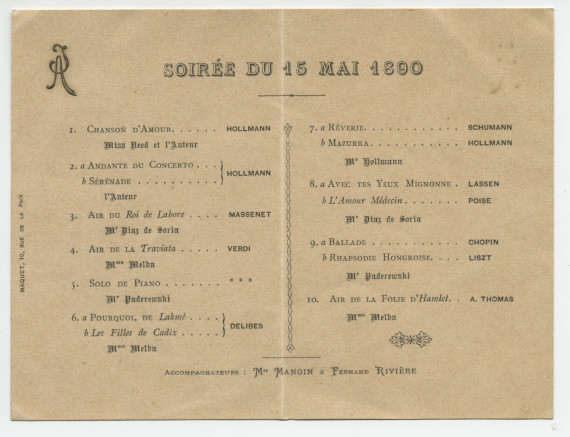 Programme de la soirée (privée?) donnée le 15 mai 1890 [à Paris] avec la participation (entre autres interprètes) de Paderewski dans une Ballade de Chopin et une Rhapsodie hongroise de Liszt