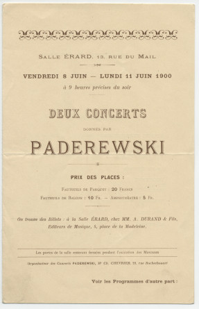 Programme des deux récitals donnés par Paderewski les 8 et 11 juin 1900 Salle Erard, 13 rue du Mail à Paris