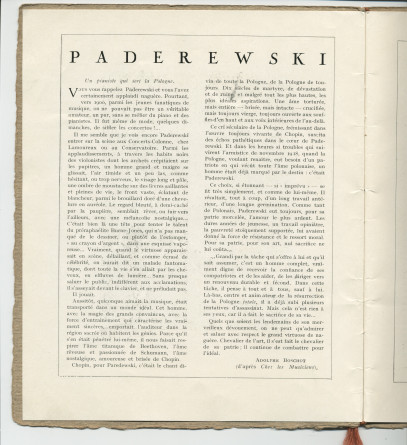 Libretto du concert organisé le 9 juin 1923 au Théâtre du Châtelet à Paris par l'Association des Concerts-Colonne au bénéfice du Monument Edouard Colonne avec le concours de Paderewski dans le Concerto «L'Empereur» de Beethoven (a-e)