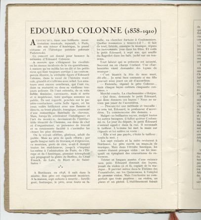 Libretto du concert organisé le 9 juin 1923 au Théâtre du Châtelet à Paris par l'Association des Concerts-Colonne au bénéfice du Monument Edouard Colonne avec le concours de Paderewski dans le Concerto «L'Empereur» de Beethoven (e-l)
